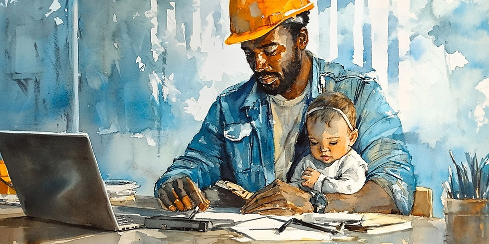 AI-generated watercolor painting of a black construction worker holding his baby girl while working on his laptop