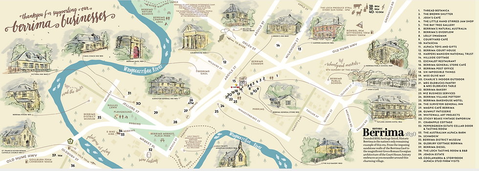 An historic styled hand drawn map of Berrima with key locations marked out.