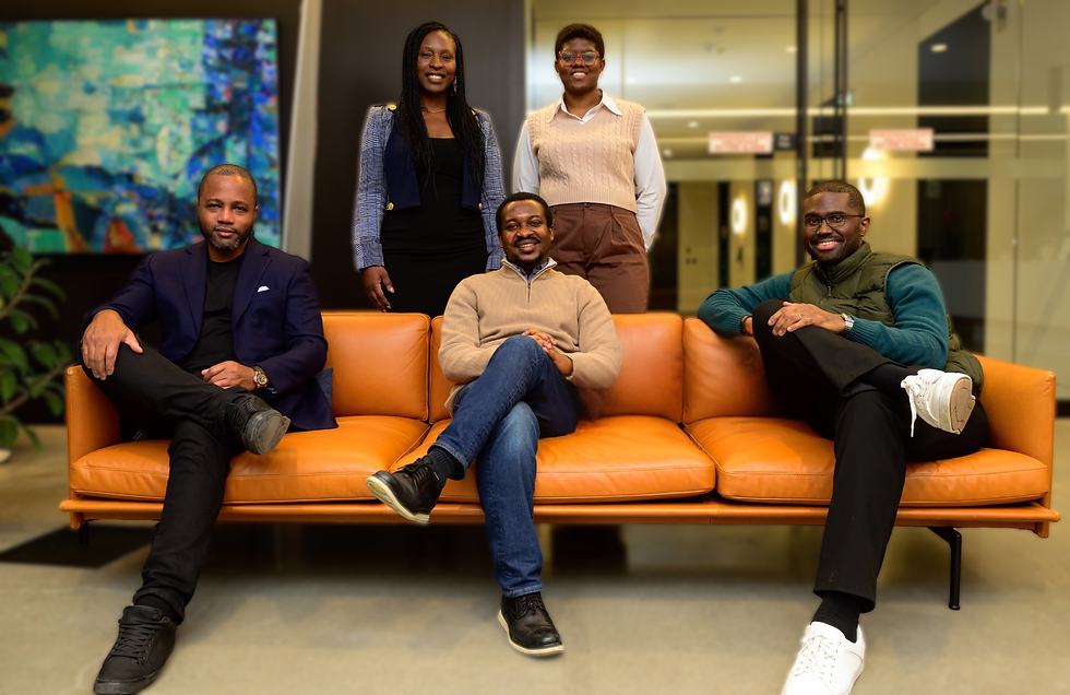 Team photo of BKR Capital, featuring from bottom left to right, Isaac Olowolafe (General Partner & Co-Founder), Ebenezer Arthur (Partner), Victor Sada (Principal), Lise Birikundavyi (Managing Partner & Co-Founder) and Rebecca Johnson (Director).