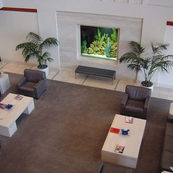 Lobby with seating, plants, and built in aquarium.