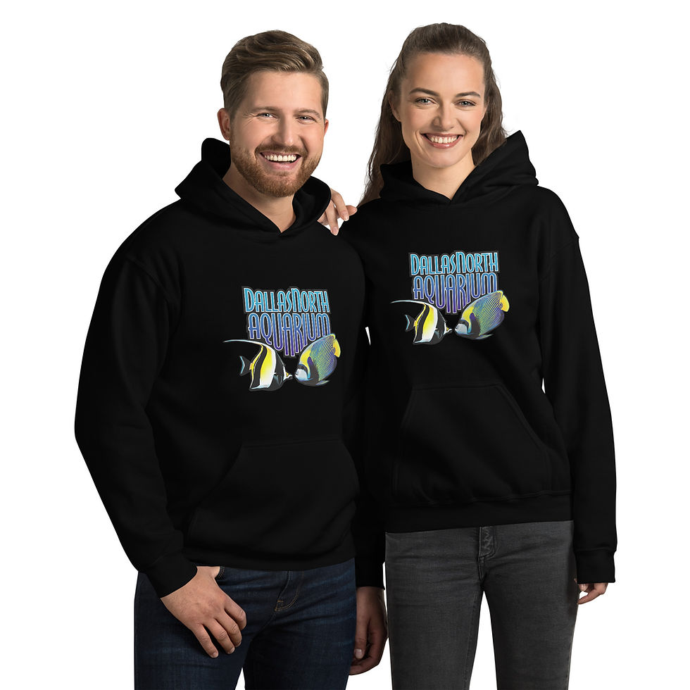 Two people wearing black hoodies with the Dallas North Aquarium logo and a fish design