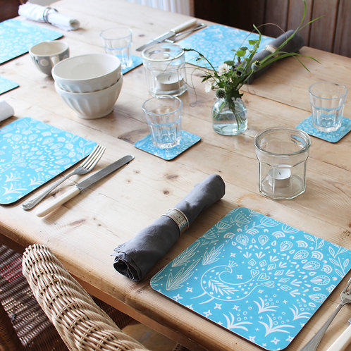Set of 6 Pearce Peacock Placemats in teal