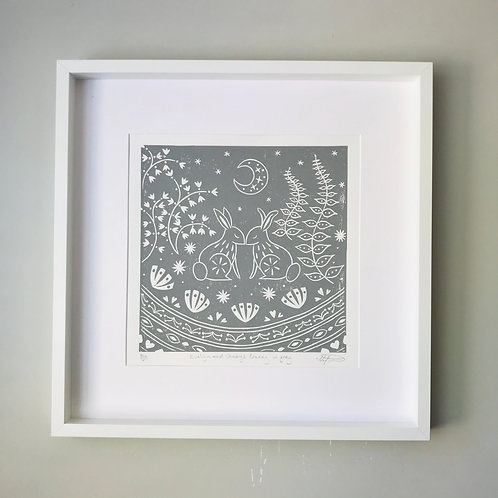 Evelyn and George Bunny Linocut Print, Scandi style kids roomwall art