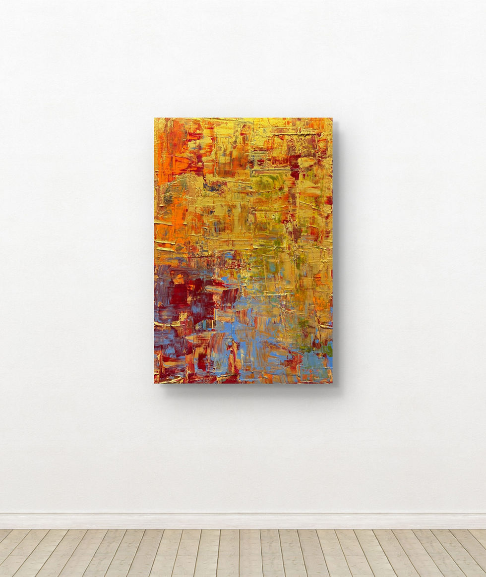 “Ubuntu” | 2026
83 x 122 x 5 cm
€2,250
Plaster, acrylic paint, wooden panel on wooden frame
Light gathers in layers of gold.
Warmth moves across the surface like a summer evening slowly unfolding.
Colour opens itself, not inward, but towards one another.
A field in which movements merge into one shared energy.
Life is celebrated here: the awareness of what has been,
the enjoyment of what is, and the quiet longing for what is still to come.