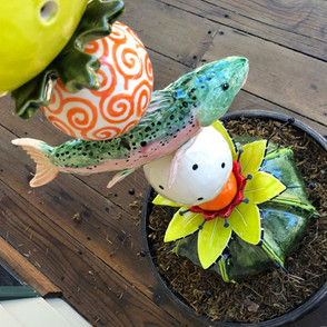 ceramic trout on Garden Totem