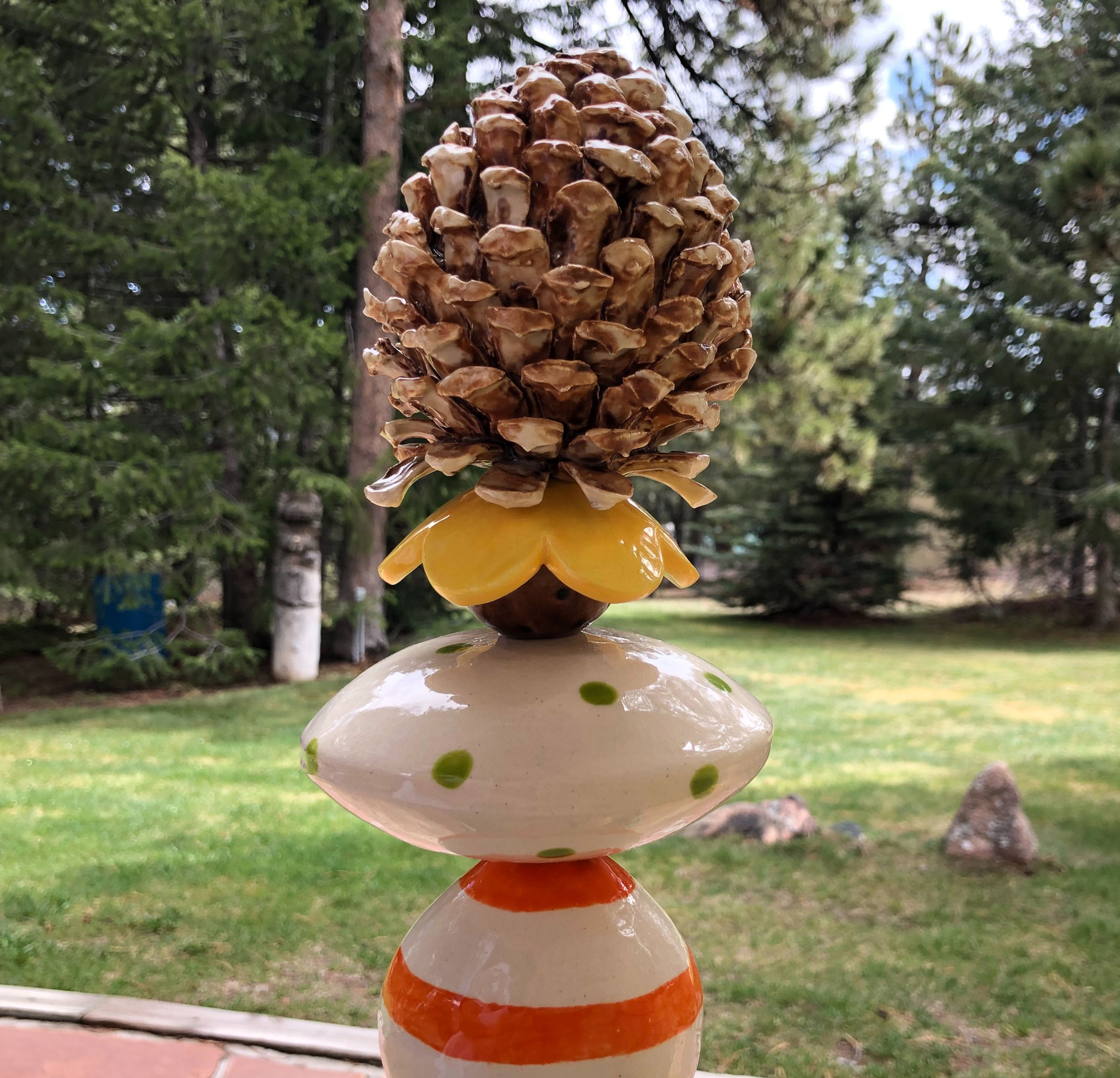 Pinecone & Rainbow Trout ceramic garden Totem