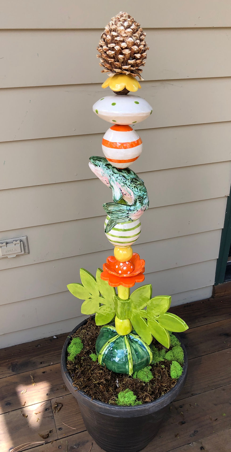 Thumbnail: Pinecone & Rainbow Trout ceramic garden Totem