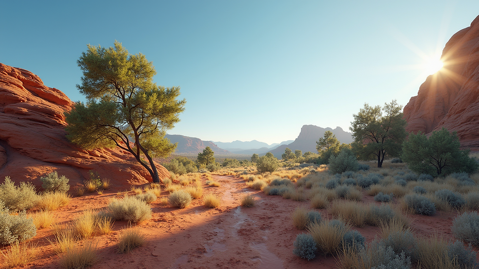 High angle view of a calm nature scene with trees and a clear sky, representing mindfulness and grounding