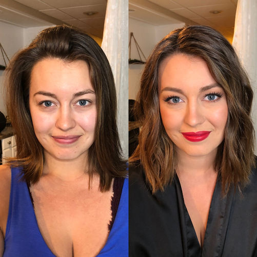 Brunette makeup with red lipstick before and after by Sara Miller Makeup Artistry
