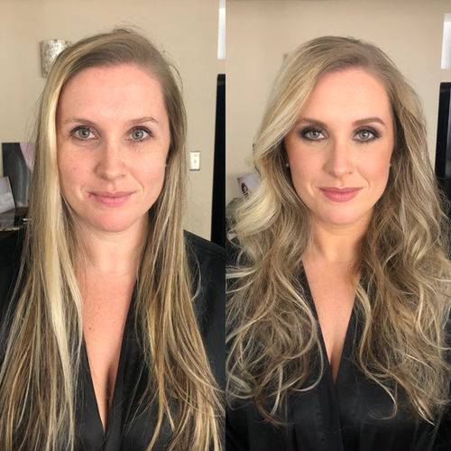     Blonde formal waves and natural makeup before and after by Sara Miller Makeup Artistry