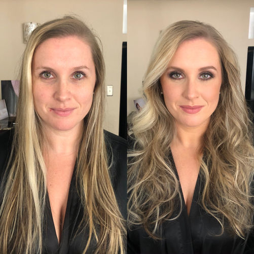 Blonde formal waves and natural makeup before and after by Sara Miller Makeup Artistry