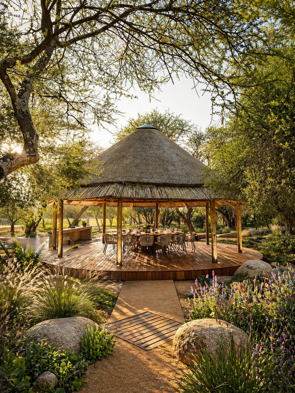 Architectural thatched gazebo outdoor dining