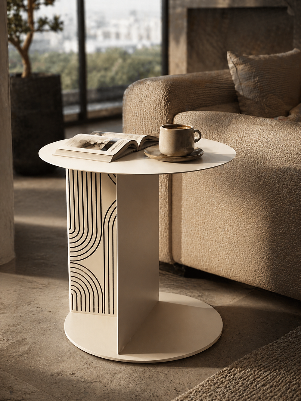 Custom furniture side table with unique patterned base