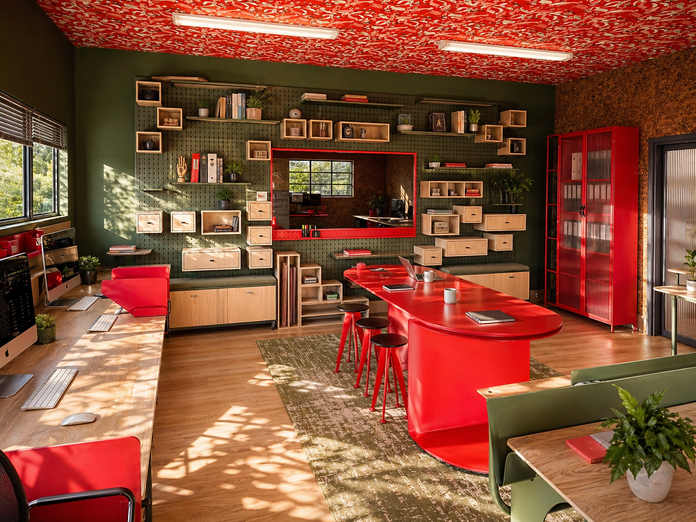 Vibrant office interior design with green and red accents
