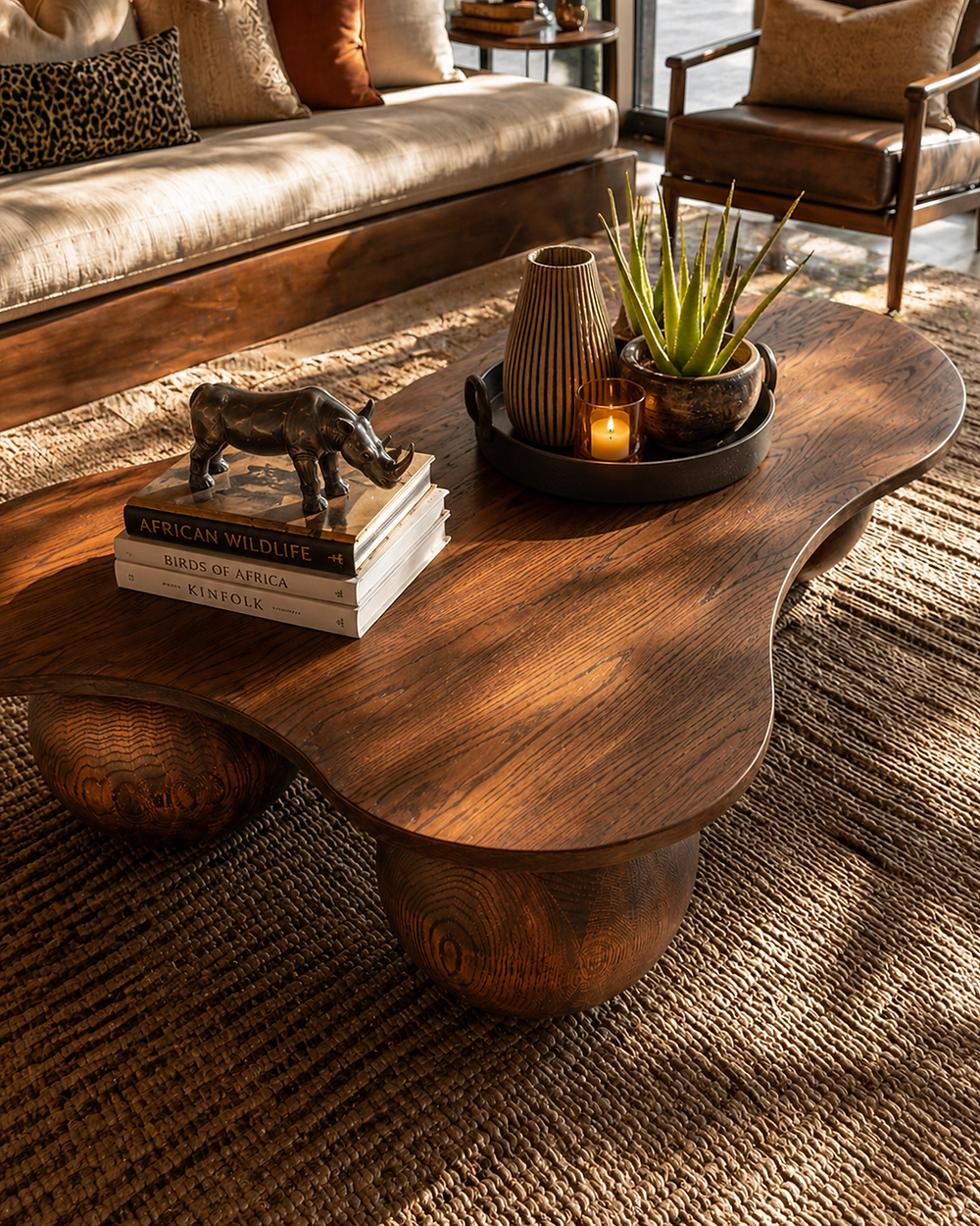Unique custom wooden coffee table with books and decor