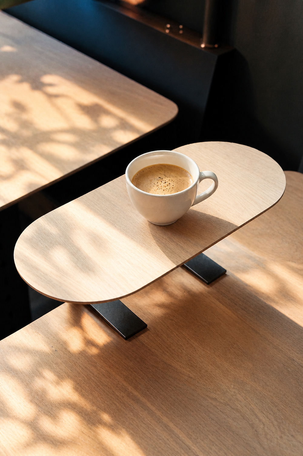 Coffee cup on modern wood table, Interior Design