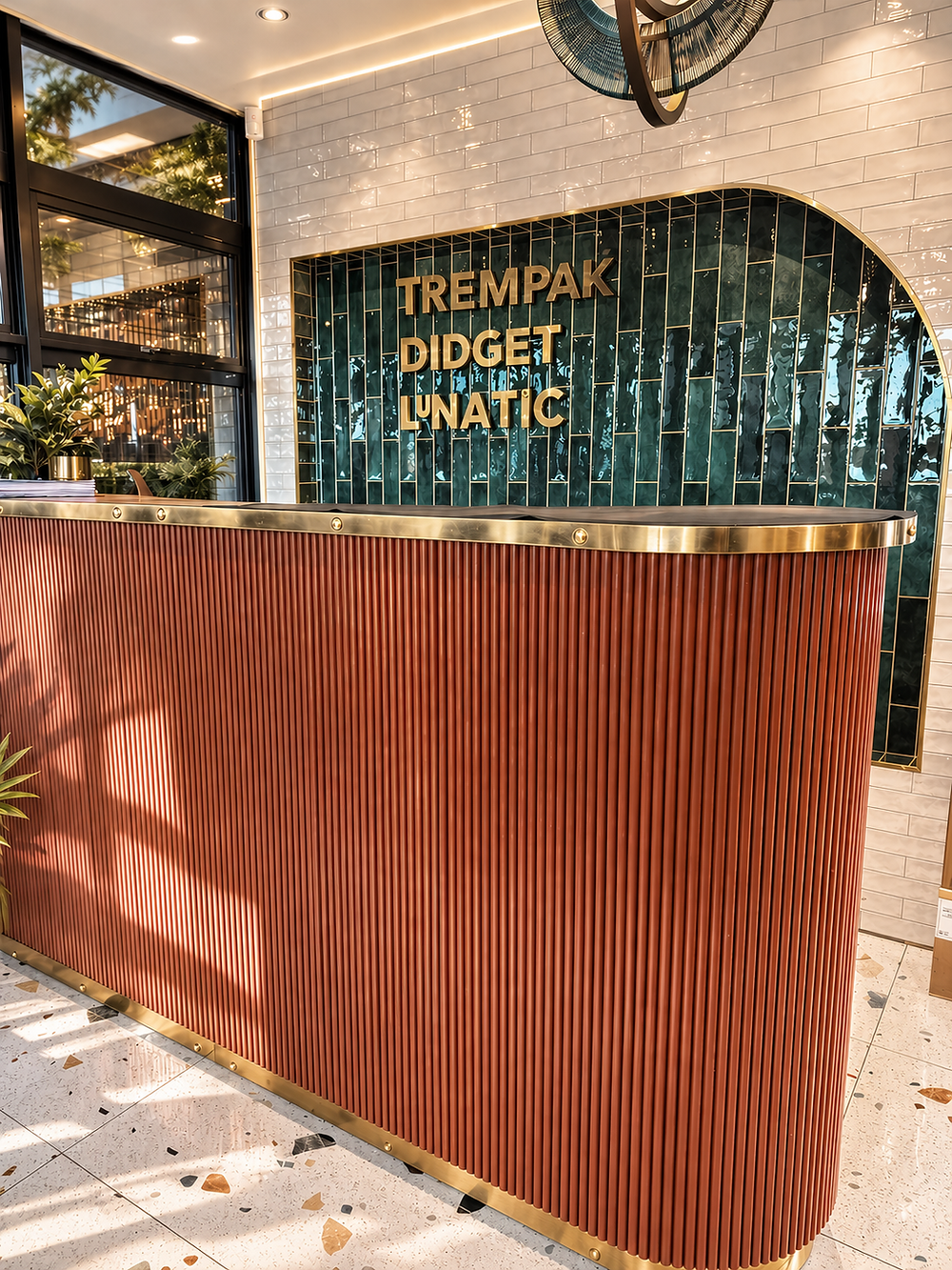 Curved reception desk in steel flutes.