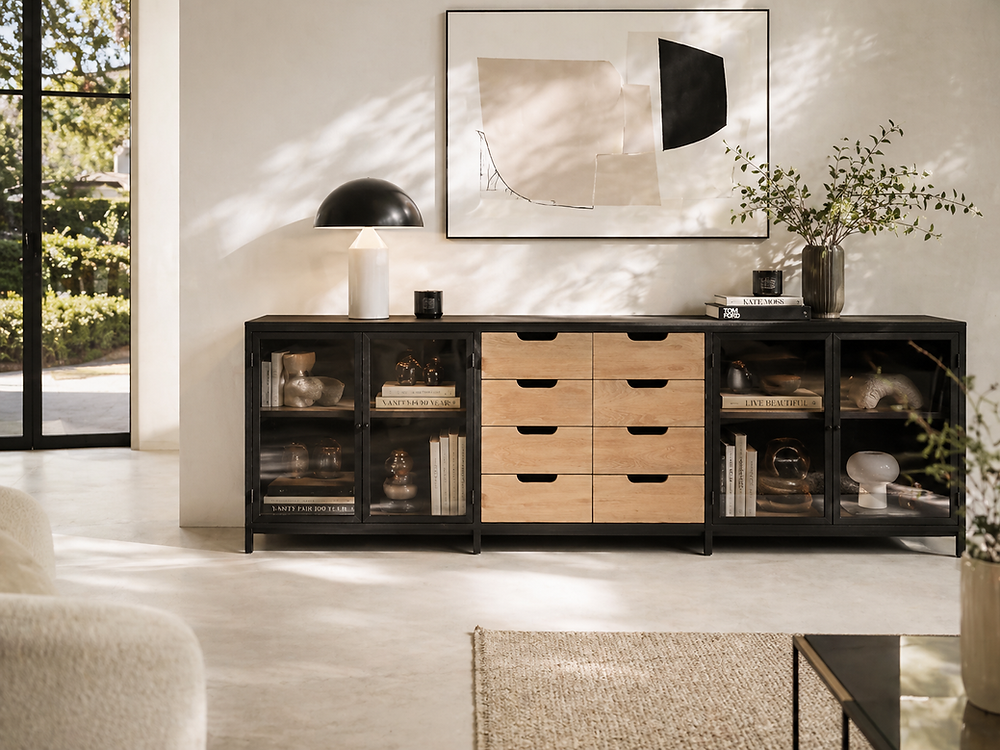 Custom furniture credenza with glass and wood drawers