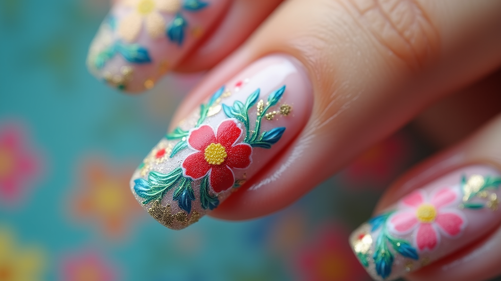 Close-up view of colorful 3D floral nail art on a single nail