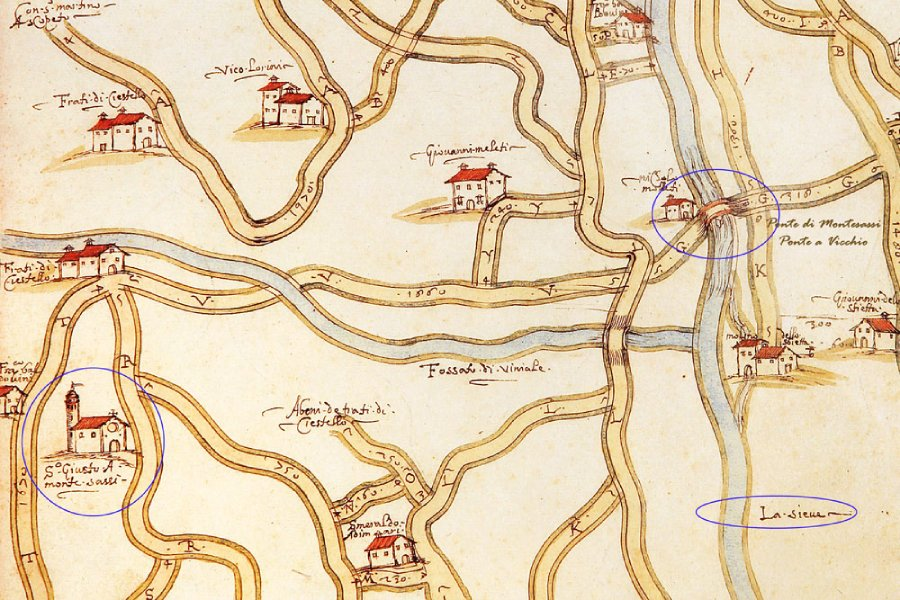 Mappa del popolo di San Giusto a Montesassi del 1500. Si nota la fitta rete di strade.
