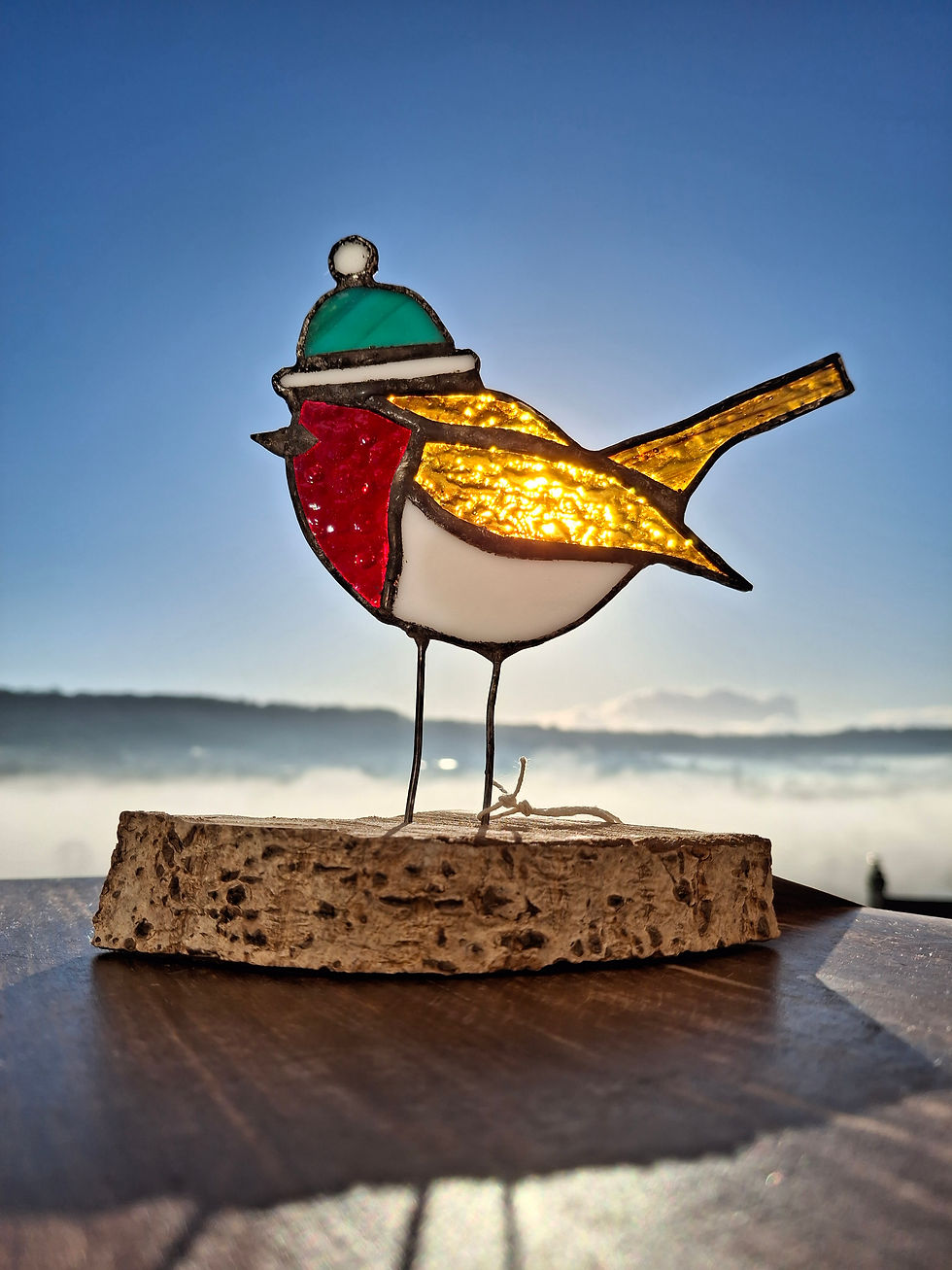 STAINED GLASS BOBBLE HAT ROBIN- PADDY