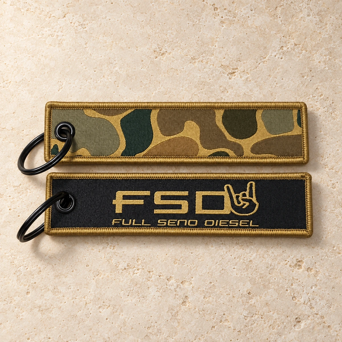Custom fabric keychains showing front and back artwork