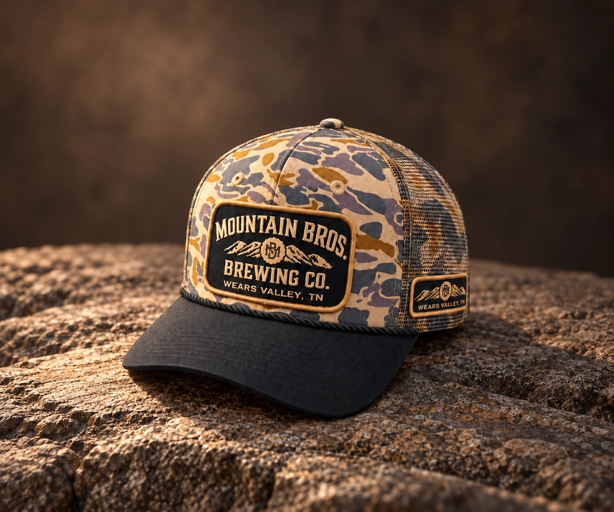 Fabric Patch custom hat, front three-quarter view