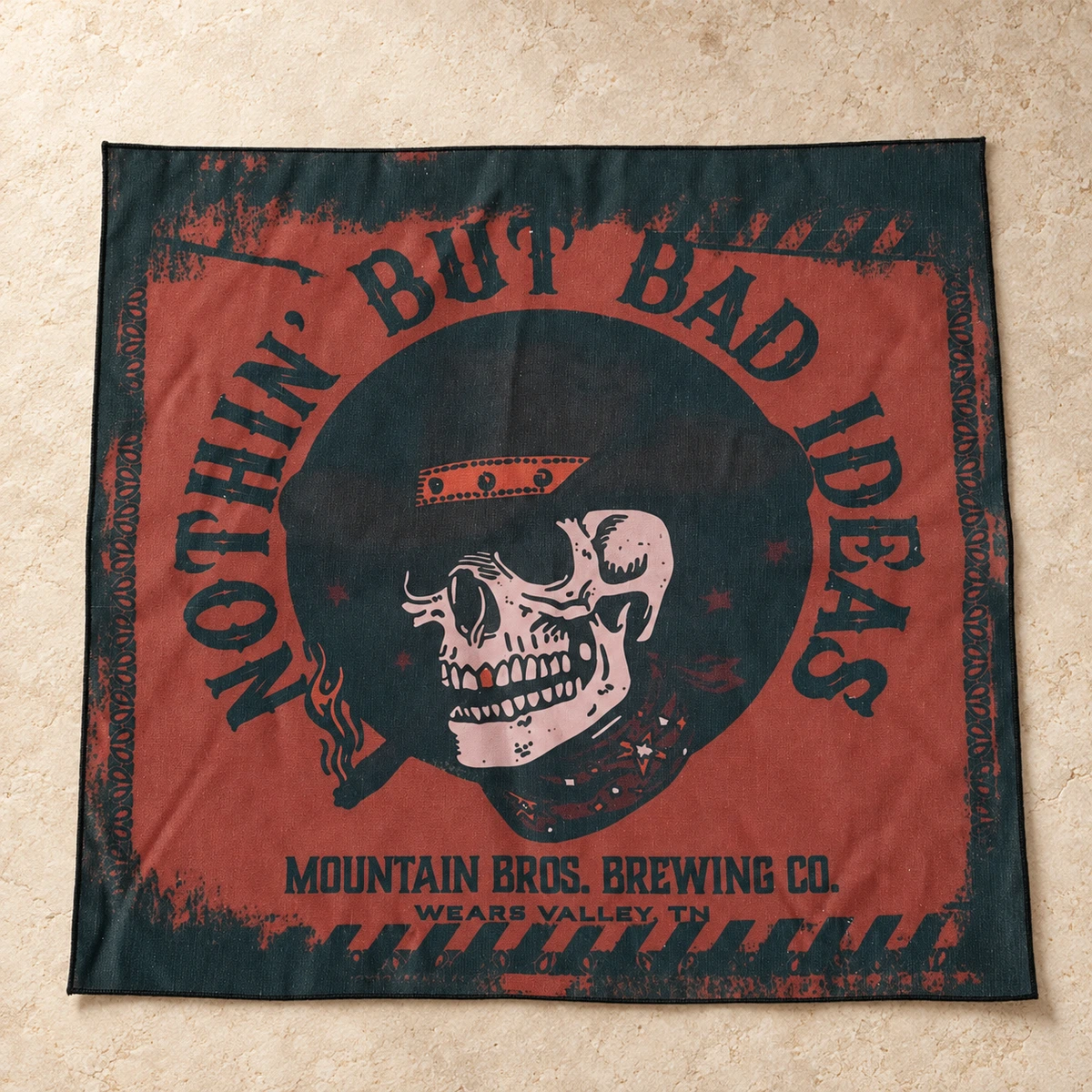 Custom bandana laid flat to show its printed artwork