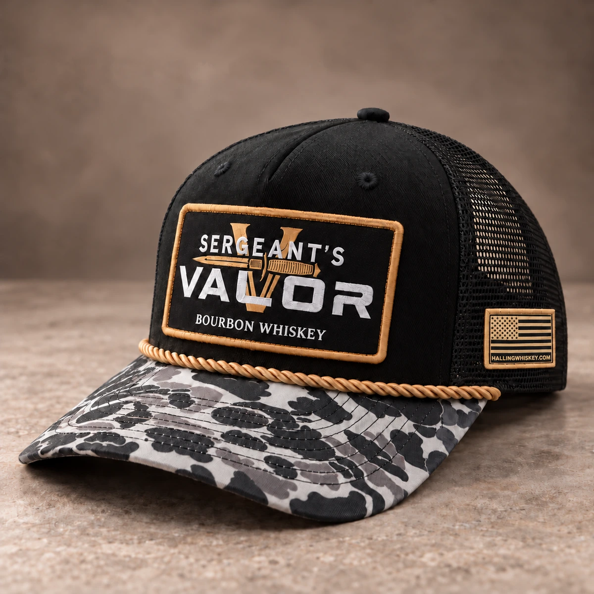 Black custom hat with fabric patch, gold rope and patterned brim
