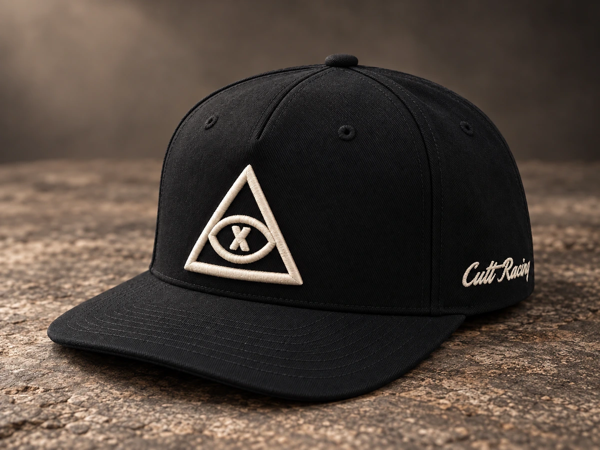 Embroidery custom headwear sample, front three-quarter view