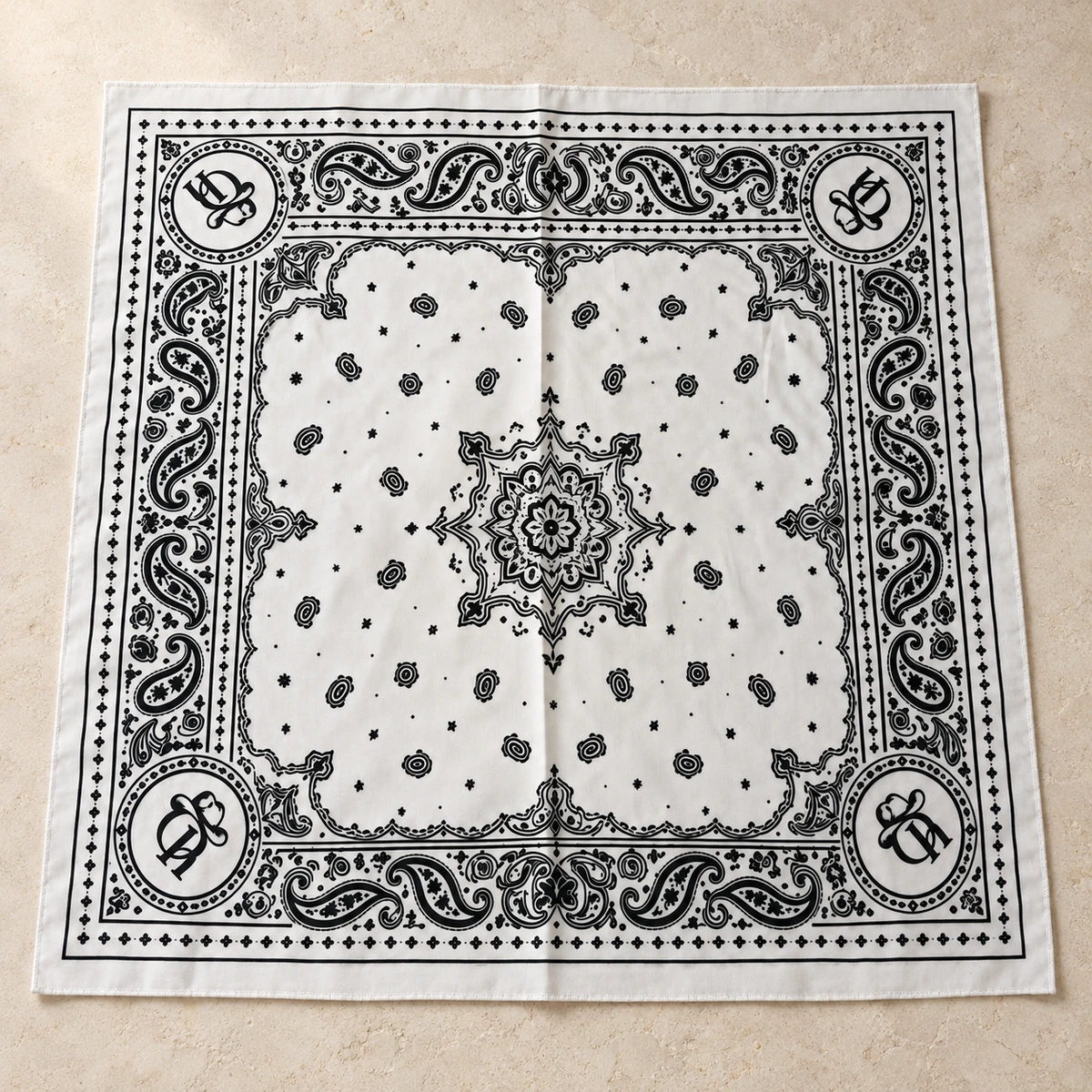 Custom bandana laid flat to show its printed artwork