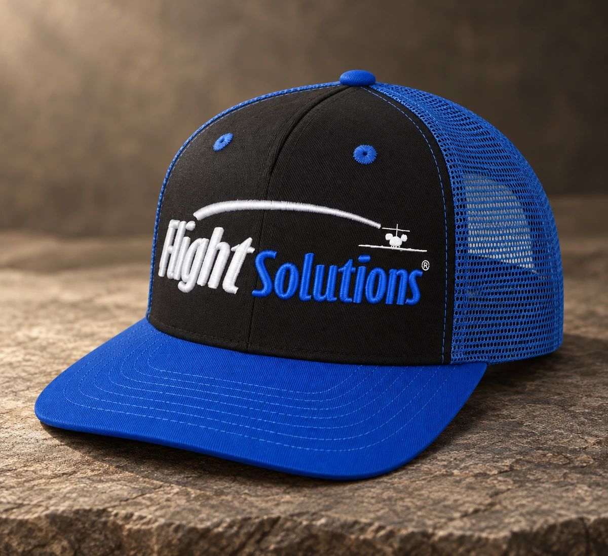 Embroidery custom headwear sample, front three-quarter view
