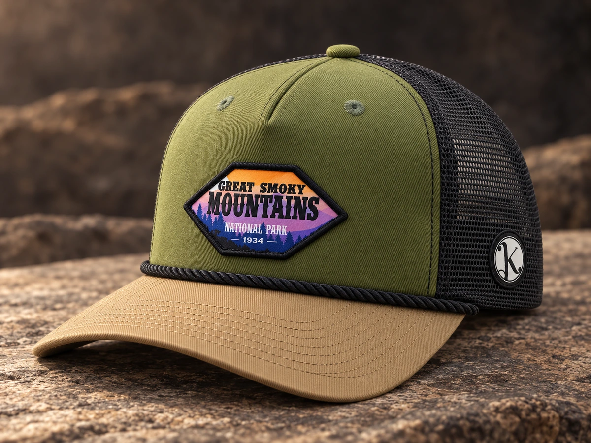 Fabric Patch custom headwear sample, front three-quarter view