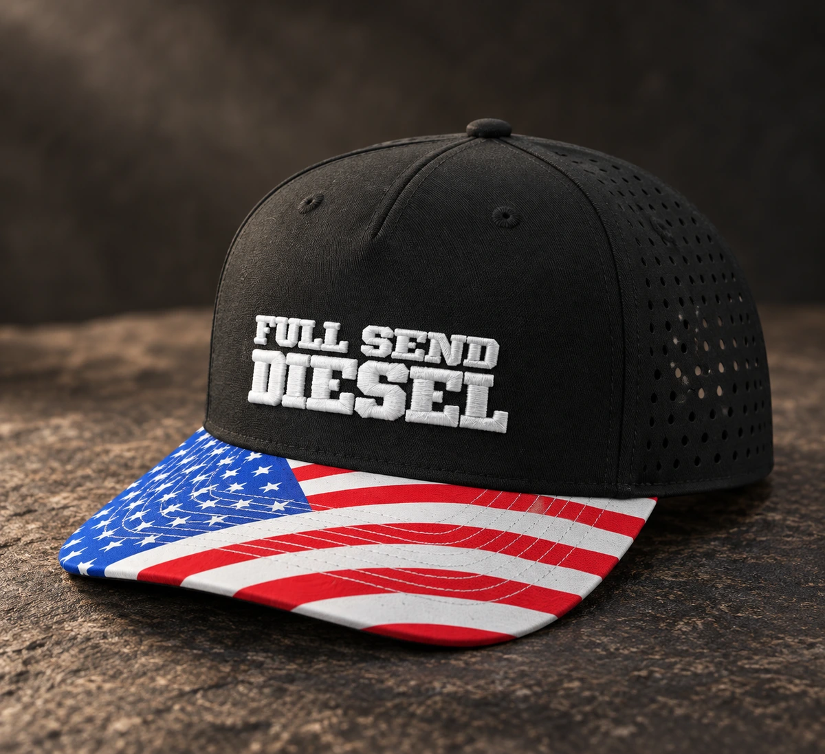 Embroidery custom headwear sample, front three-quarter view