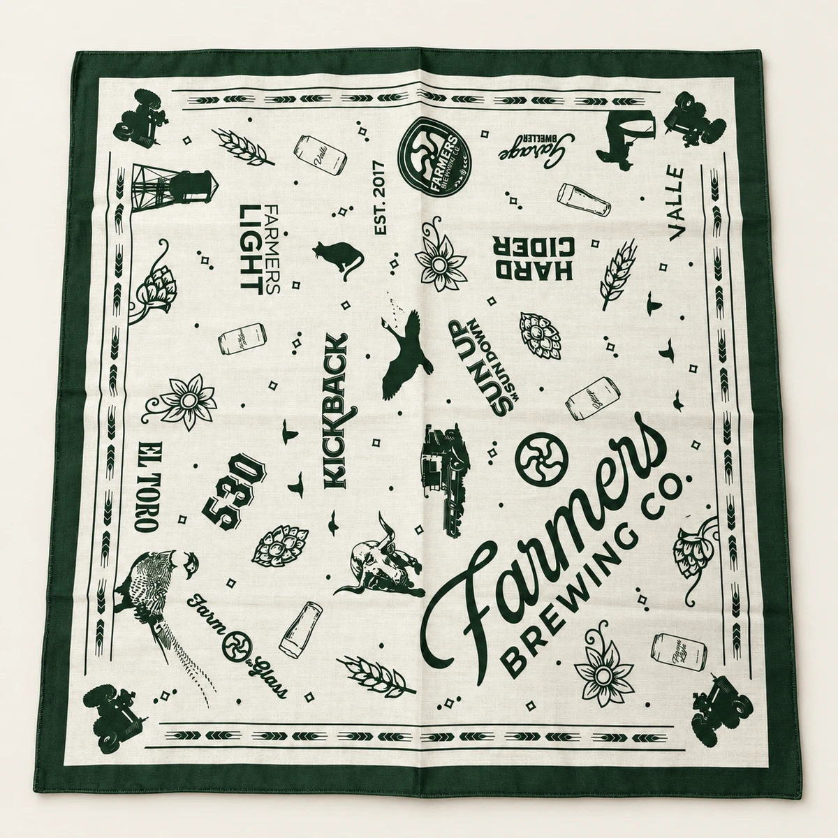 Custom bandana laid flat to show its printed artwork