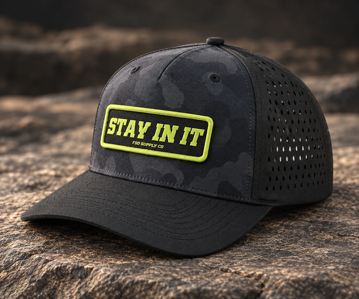 Patch Headwear custom headwear sample, front three-quarter view