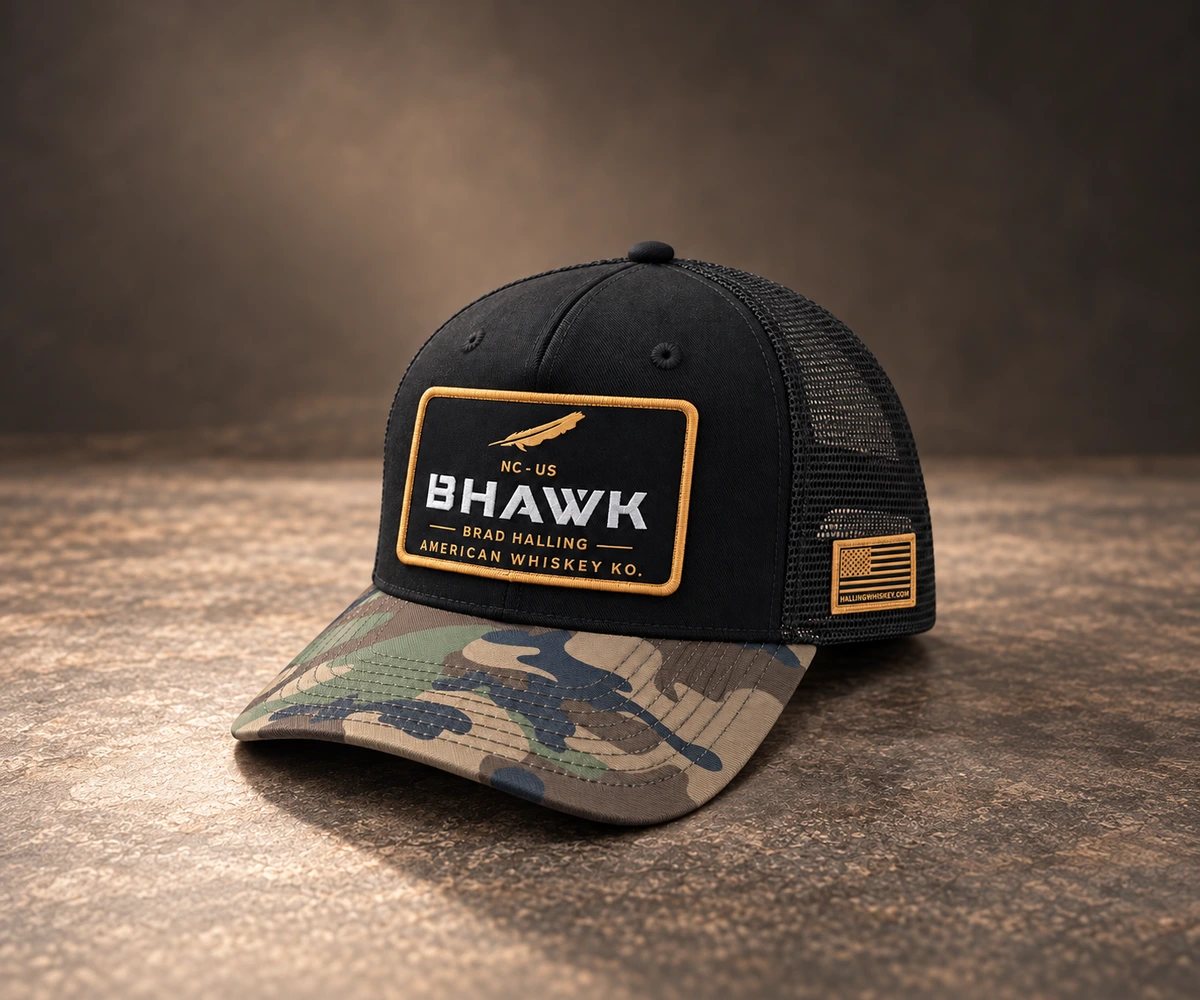 Fabric Patch custom headwear sample, front three-quarter view