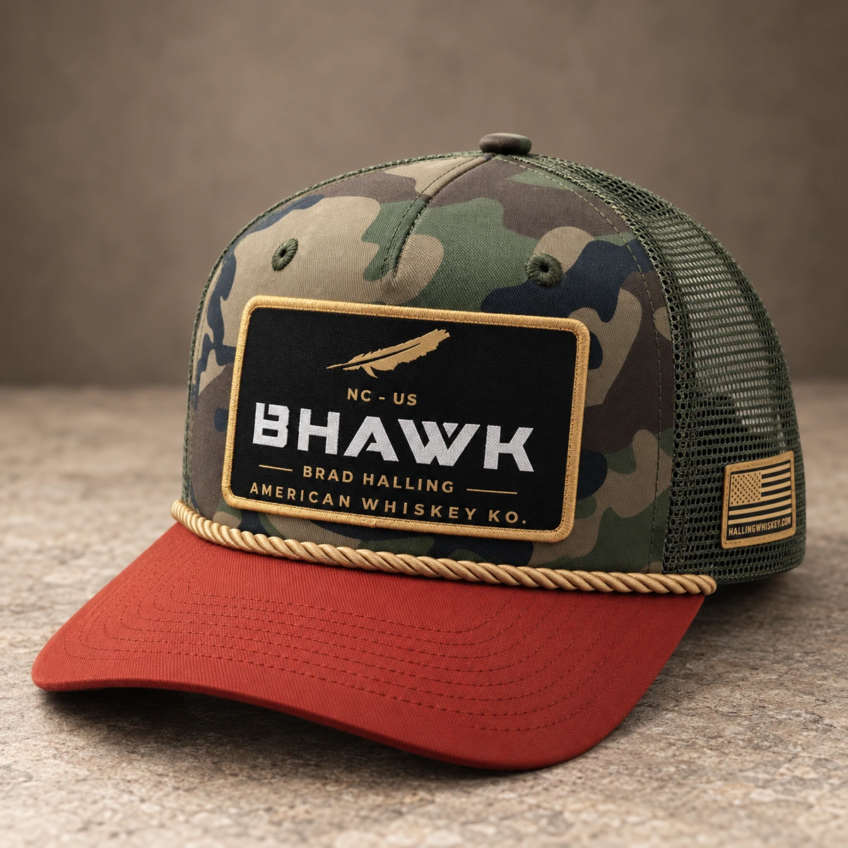 Fabric Patch custom headwear sample, front three-quarter view