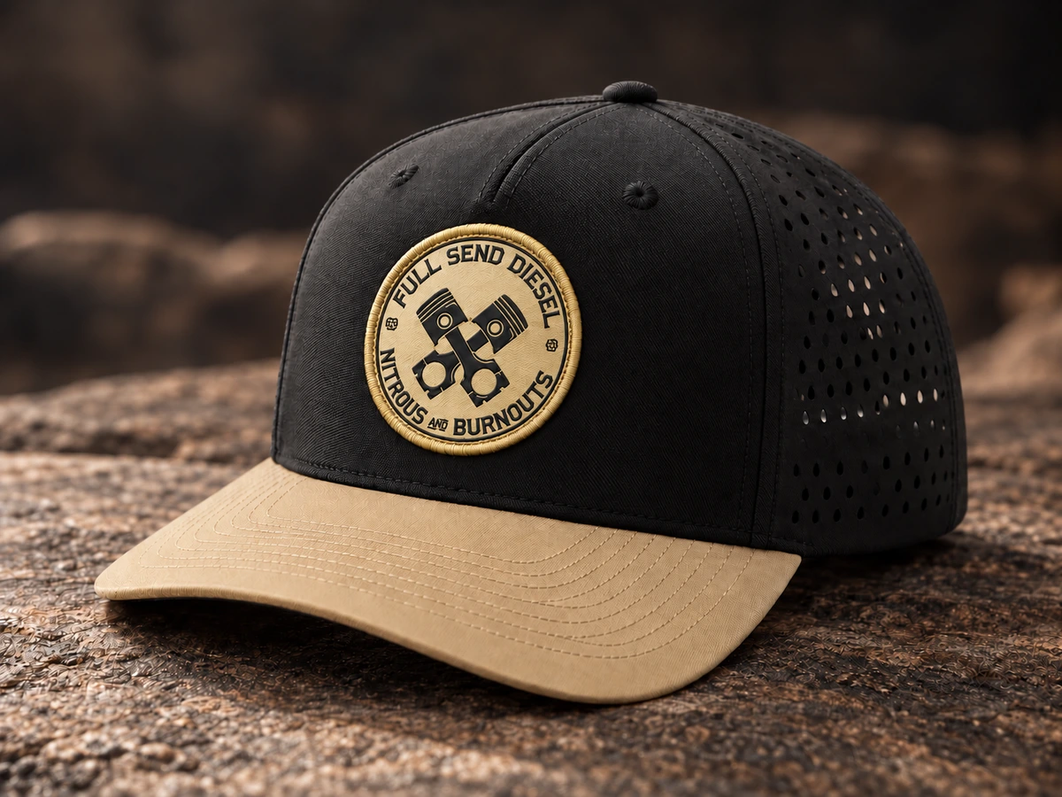 Patch Headwear custom headwear sample, front three-quarter view