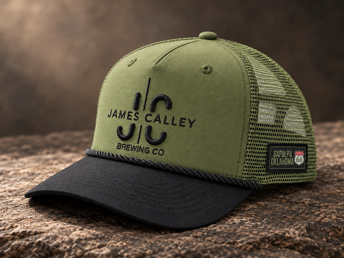 Embroidery custom hat, front three-quarter view