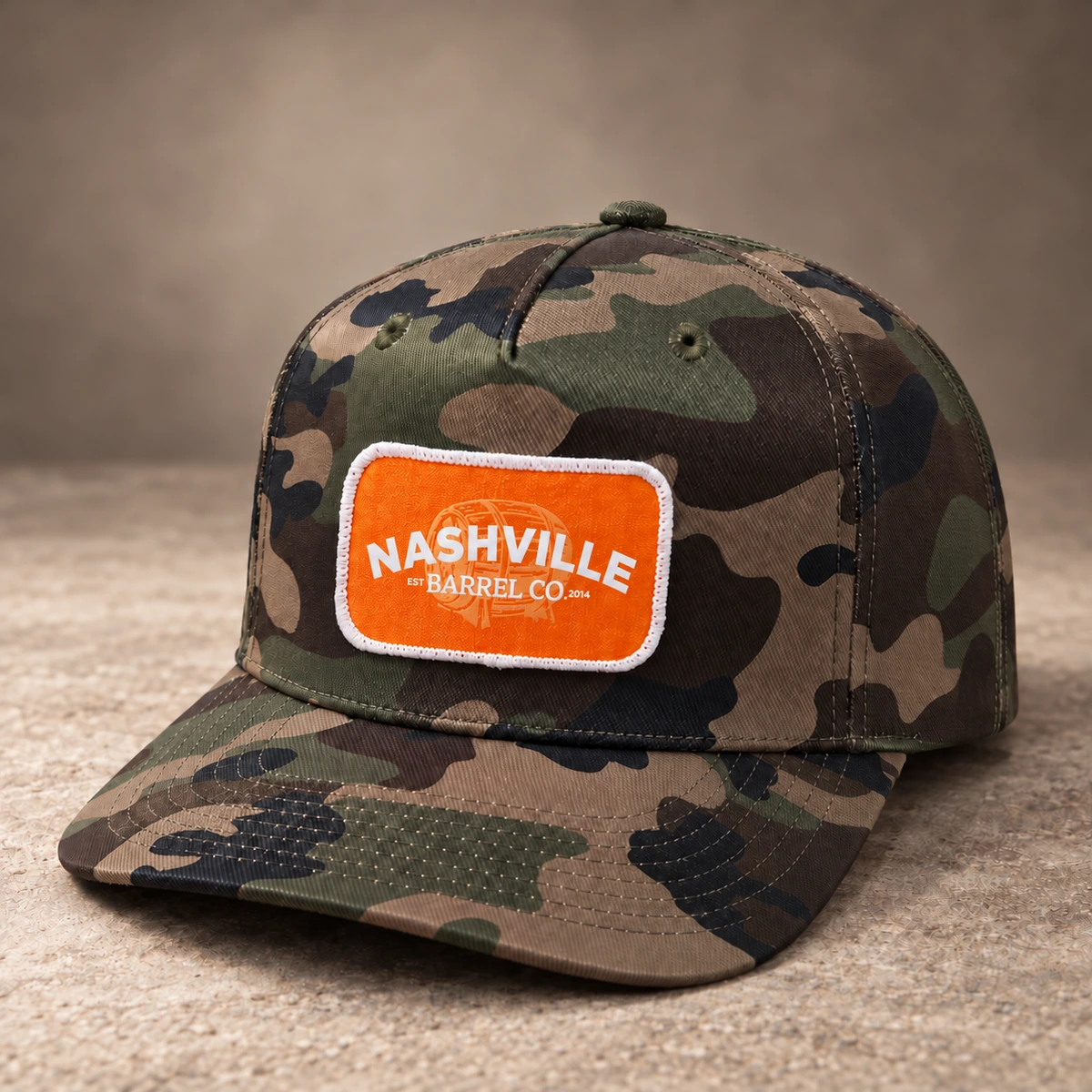 Fabric Patch custom headwear sample, front three-quarter view