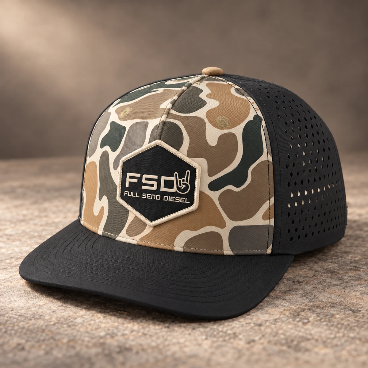 Camouflage custom hat with red brim, fabric patch and gold rope