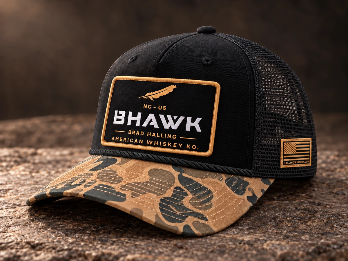 Fabric Patch custom hat, front three-quarter view