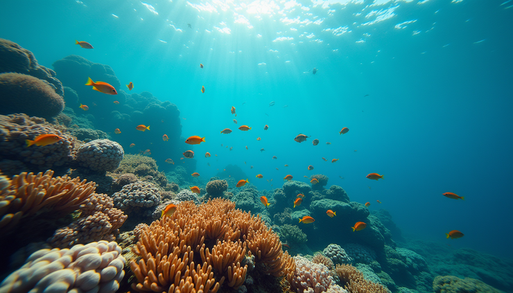 Eye-level view of a coral reef teeming with colorful fish in Cambodia