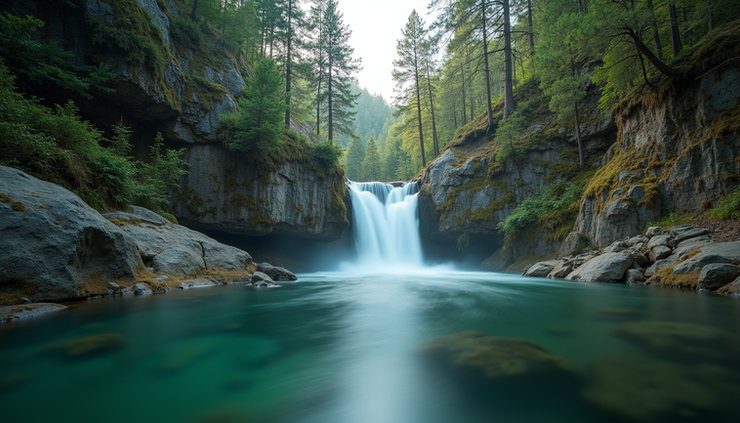 Eye-level view of a clear waterfall surrounded by pine trees in Kirirom National Park