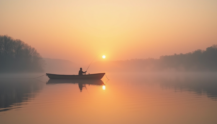 Eye-level view of a fishing boat on Tonle Sap Lake at sunrise