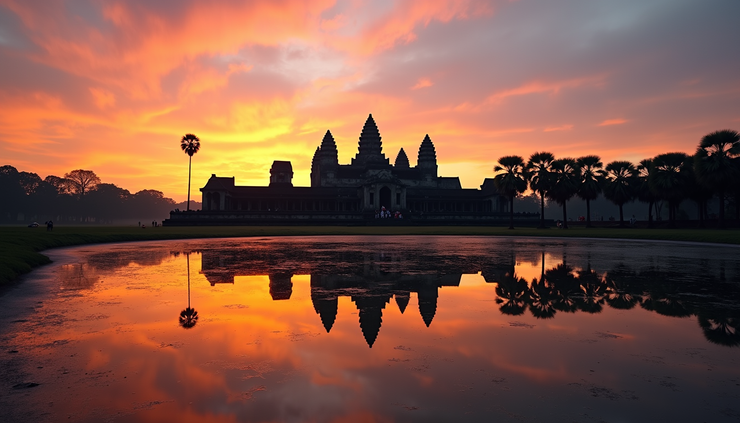 Eye-level view of reflection pond with Angkor Wat temple and colorful sunrise sky