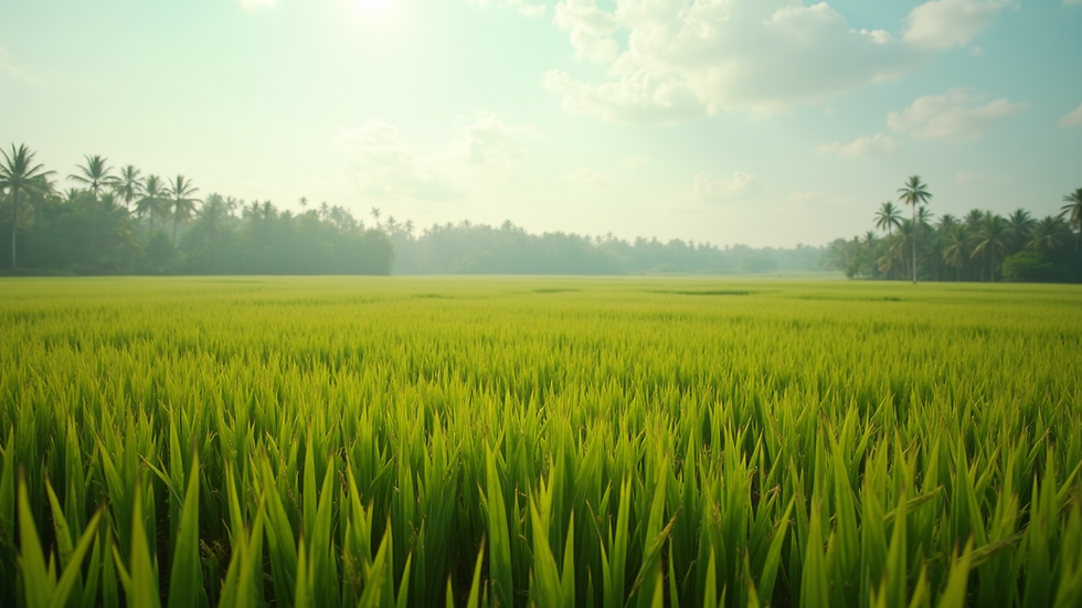 Wide angle view of a serene rice field in Cambodia's countryside