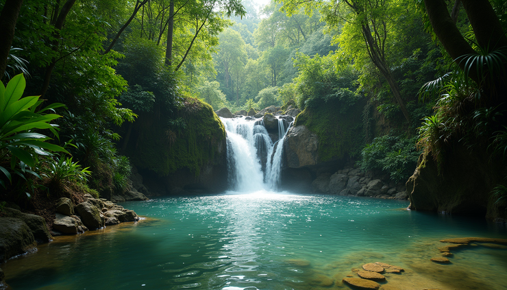 Eye-level view of a cascading waterfall surrounded by dense green forest in Cambodia