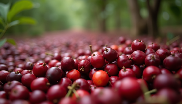 Close-up view of freshly harvested coffee cherries on a Cambodian farm